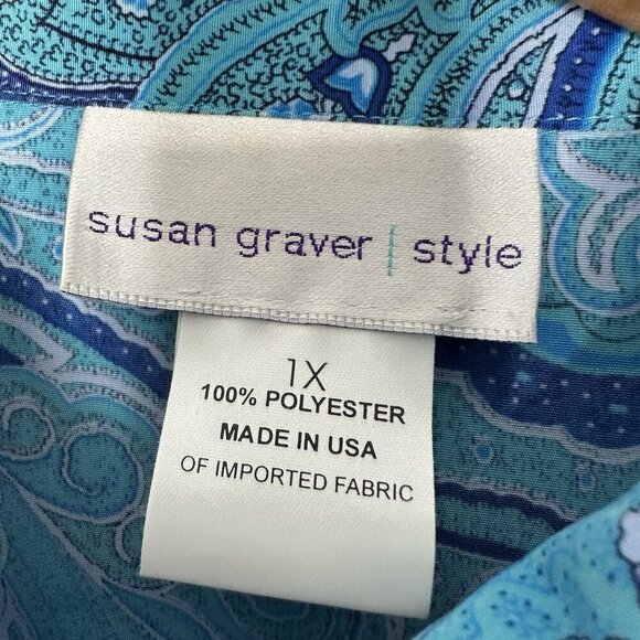Susan Graver Button up Shirt Blue Paisley 1X Preppy - Picture 2 of 9